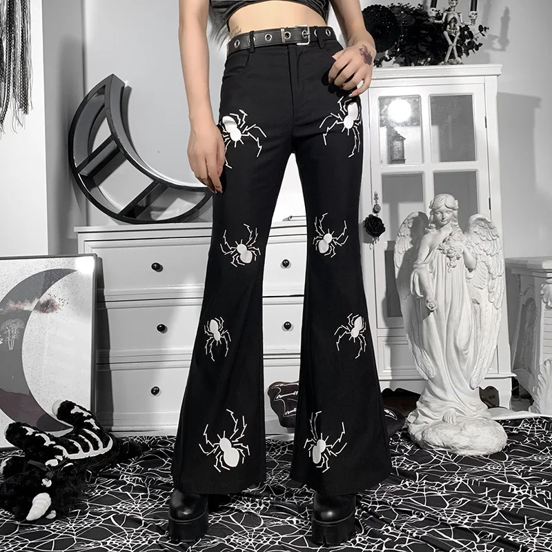 

New Gothic Spider Print Black Flare Pants Harajuku High Waist Loose Trousers Fairy Grunge Punk Women Autumn Jeans Streetwear