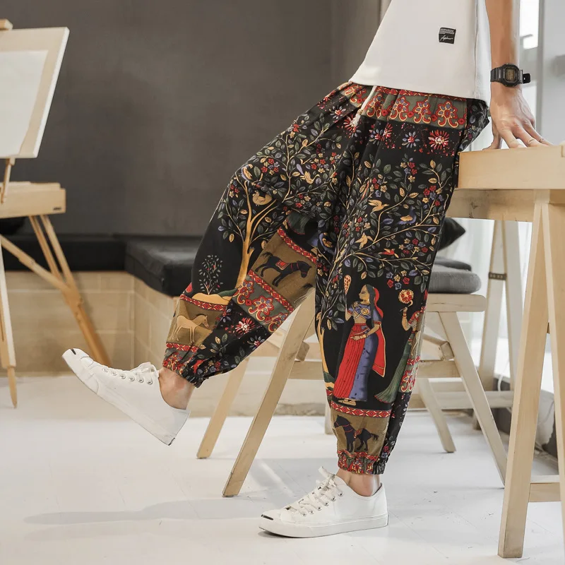 

Cotton and Linen Printed Mid-waist Nine-point Pants Loose Large Size Lantern Casual Linen Pants Men Trousers 2020 Spring Summer