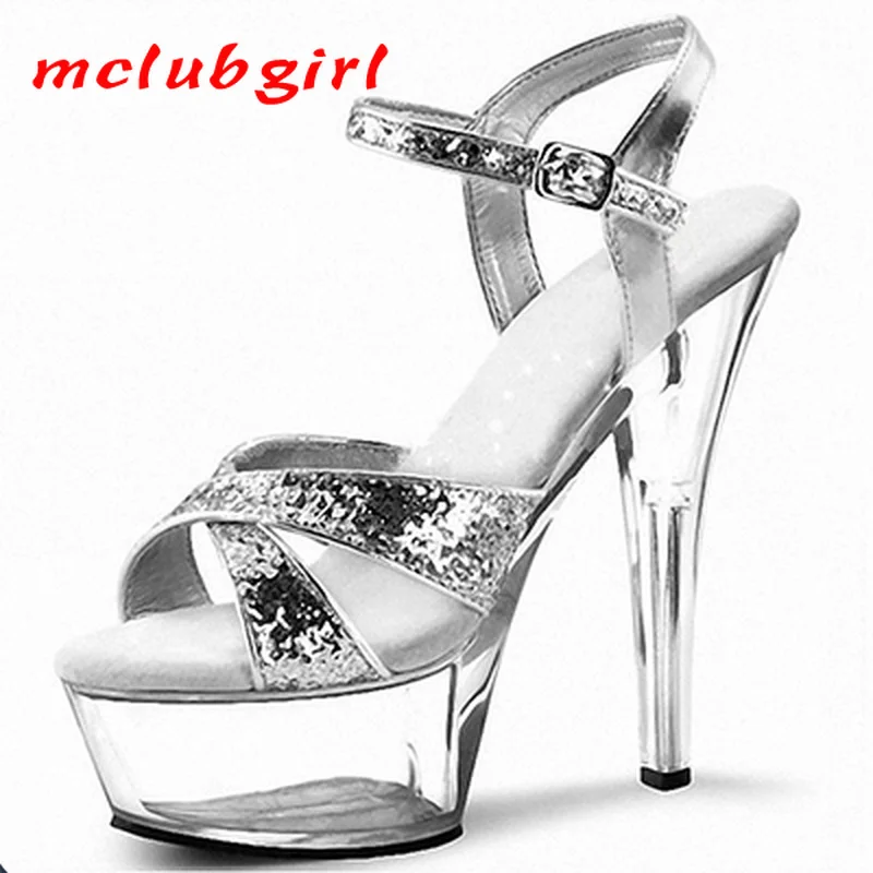 

Mclubgirl 15cm Heels Solid Color Classic Patent Leather Round Head Buckle Super High Heels Fashion Glitter Crystal Sandals LYP