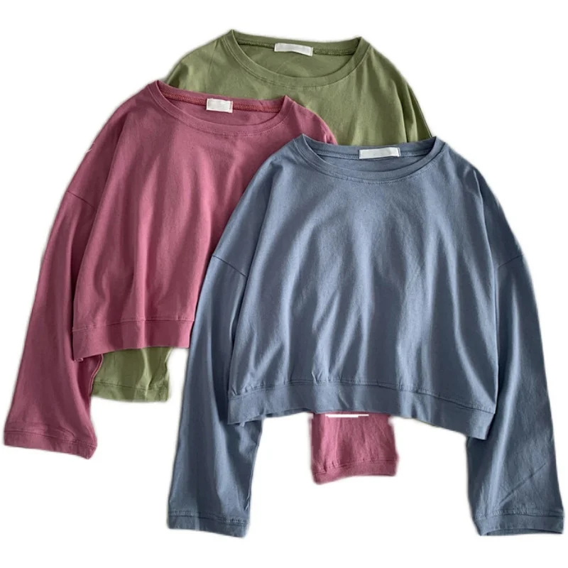 Early Autumn New Korean Style Simple Solid Cotton Short Sweetshirts Loose Casual O-neck Thin Tops Plus Size Women Clothing 11771