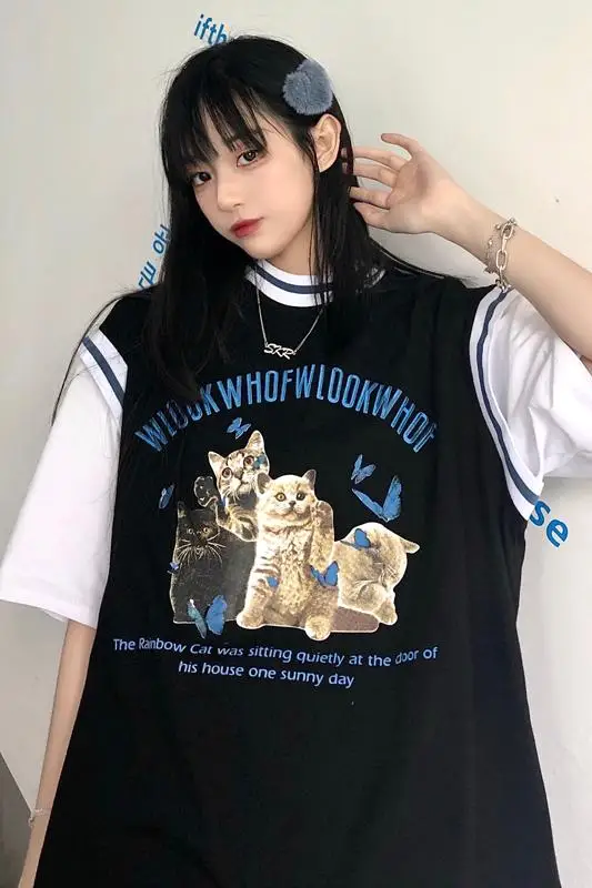 

Fake two short-sleeved T-shirts for women in the summer of 2021. The new Korean version of ins retro cat prints loose bf tops