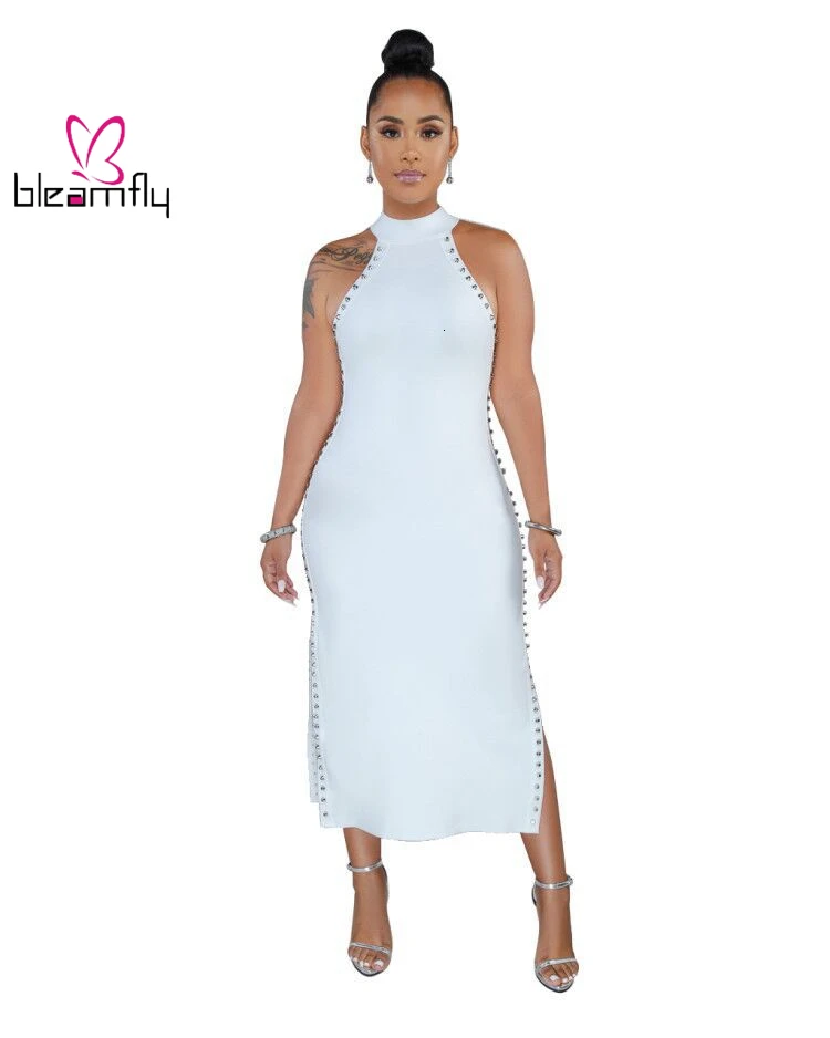 2019 женское летнее платье без рукавов с заклепками и лямкой на шее пляжная мода