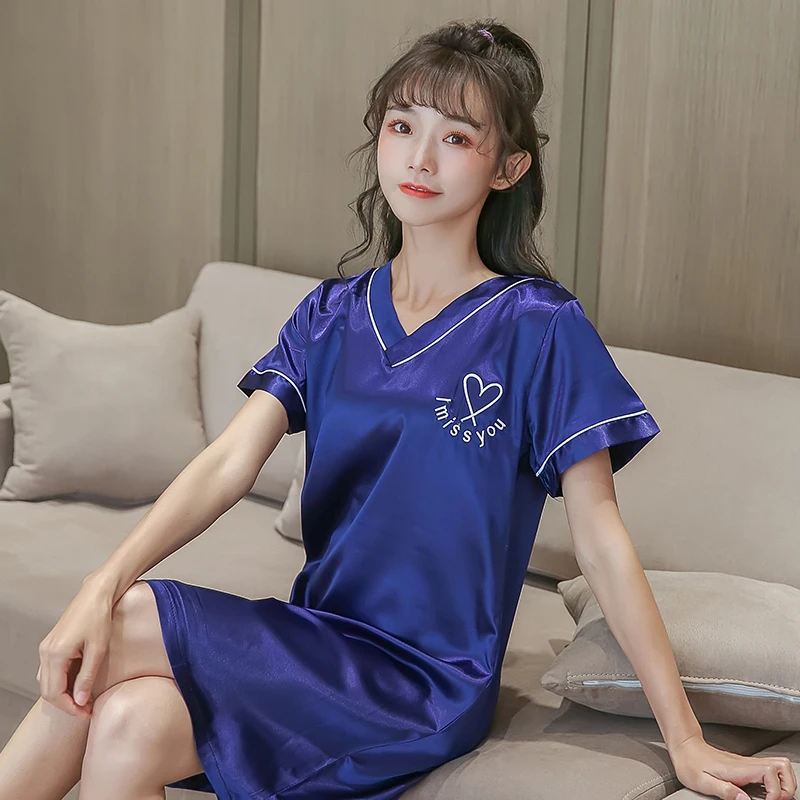 

Summer Women's Short Sleeve Sleepwear Home Cloth Silk Nightshirt Women Causal Sleepwear Love Ladies Nightgown Girl Nightgown