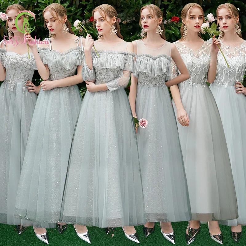 

Женское длинное платье подружки невесты SSYfashion, серое платье с вырезом-лодочкой, со шнуровкой сзади, большого размера