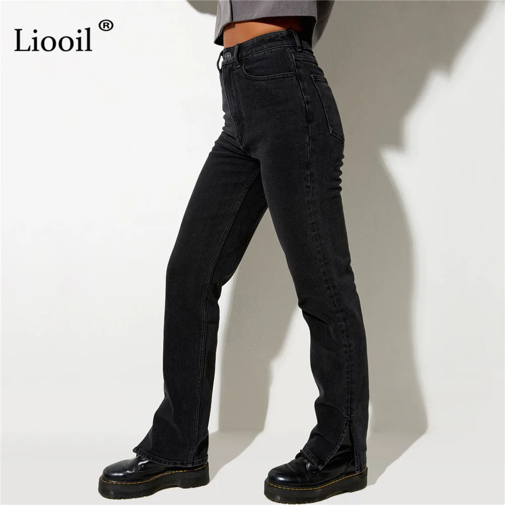 

Liooil Boyfriend Slit High Waisted Jeans Women Streetwear Straight Leg Black Skinny Jean Pants 2022 Spring Casual Denim Trousers