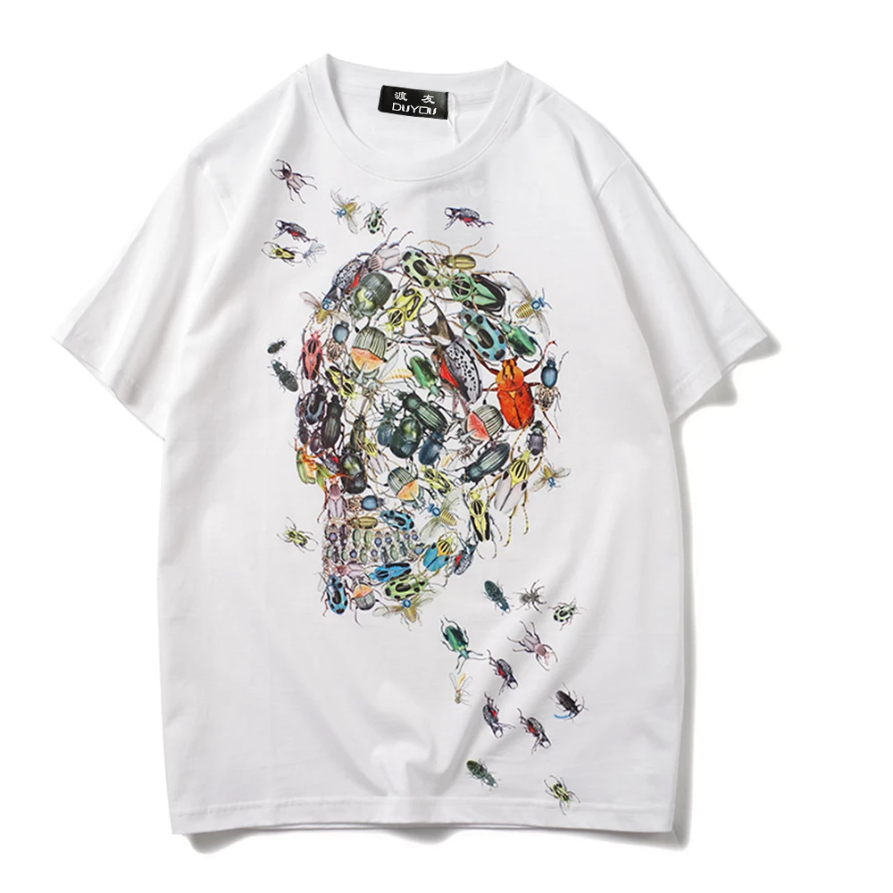 Мужская футболка с коротким рукавом принтом черепа и насекомых | одежда