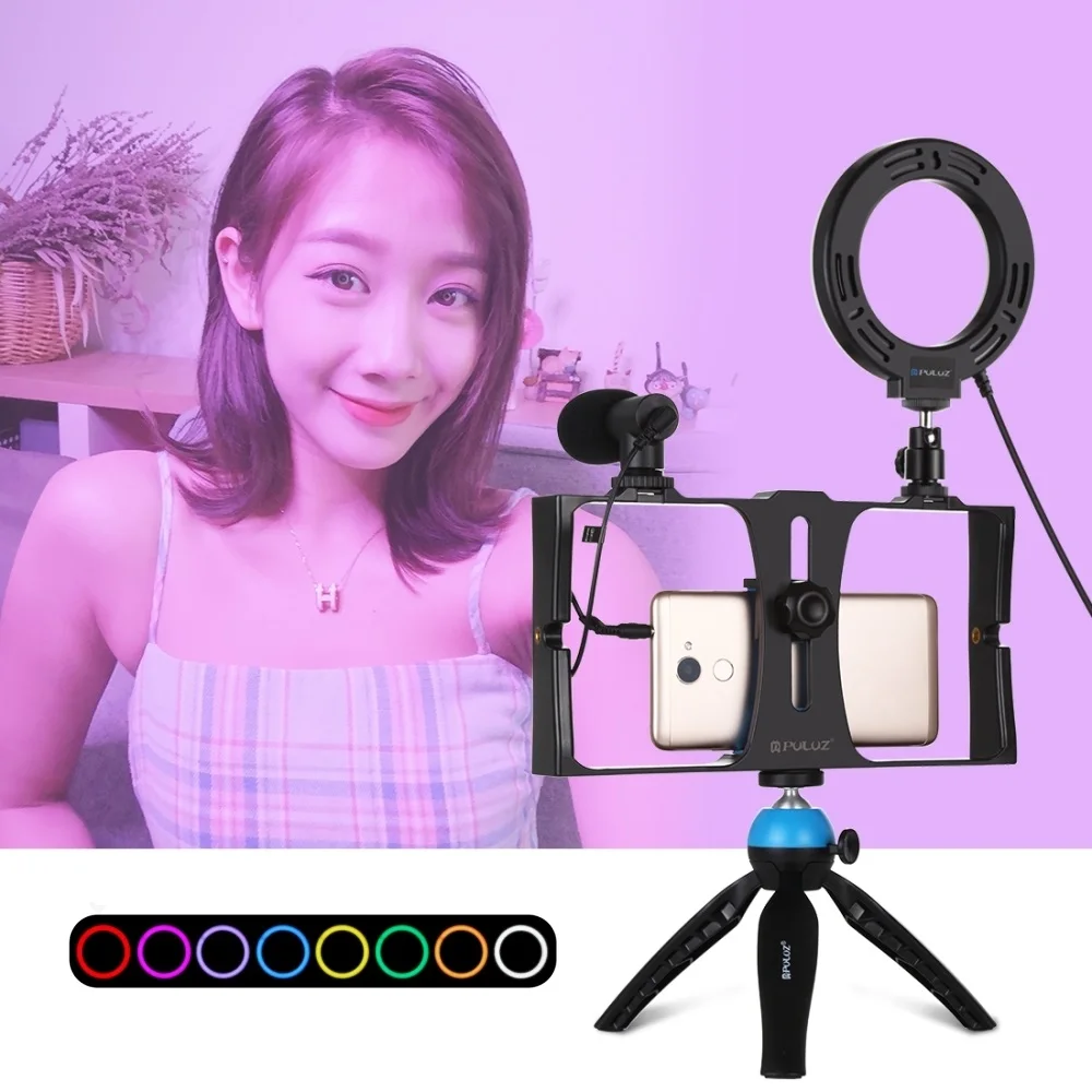 Transmissão ao Vivo 4 em 1 Equipamento de Vídeo + 4.7 Puluz Vlogging Smartphone Polegada Rgbw Selfie Anel Luz & Microfone Tripé Montagem Cabeça