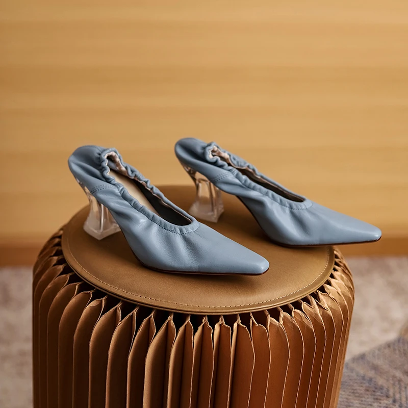 

2022 new Women Pumps natural leather shoes 22-24.5cm length Soft sheepskin upper crystal heel womans shoes Full leather 3 colors
