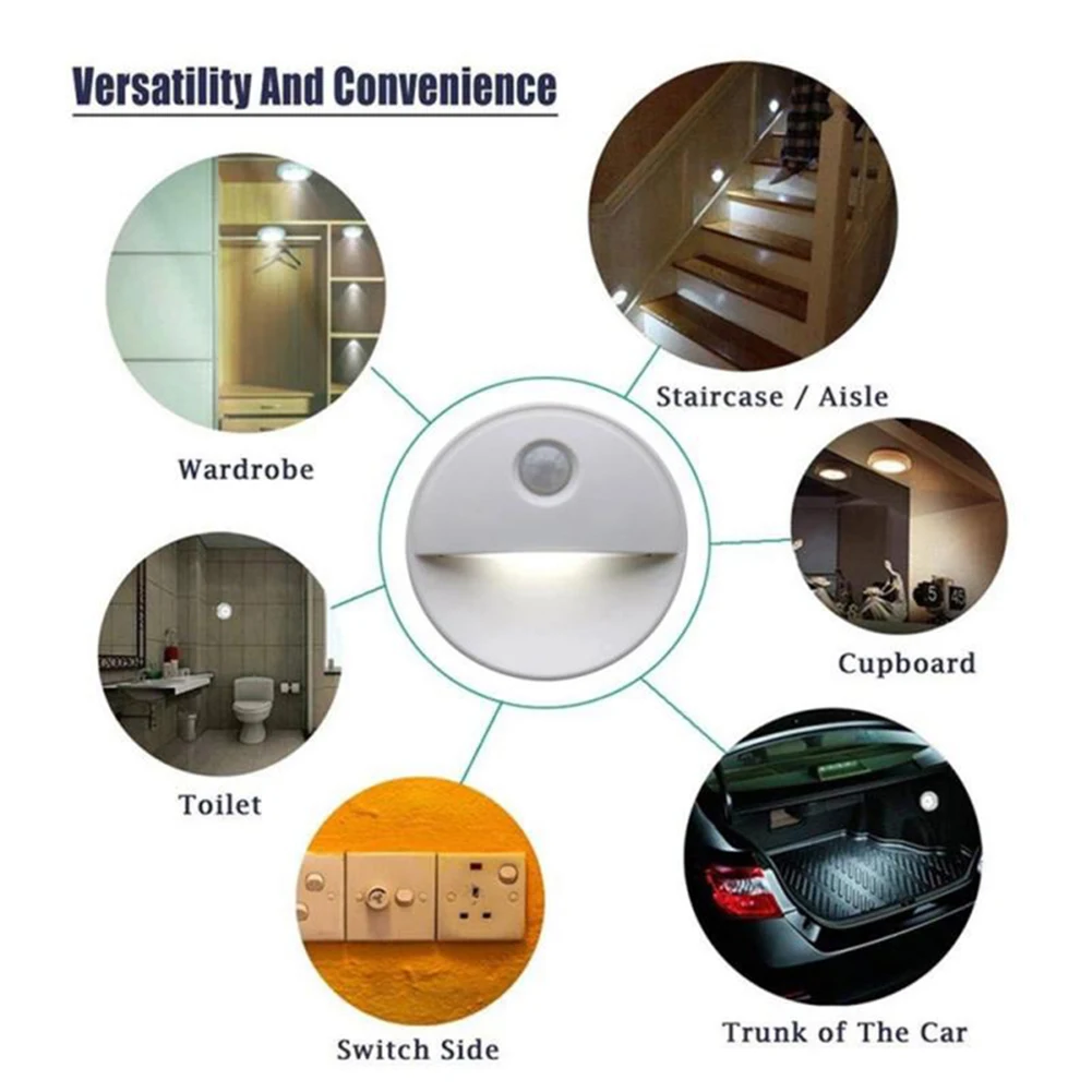 

10 LED Human Body Sensor Battery Operated Night Light Smart Round Cabinet Lamp Wall PIR Infrared Motion Detector Lighting