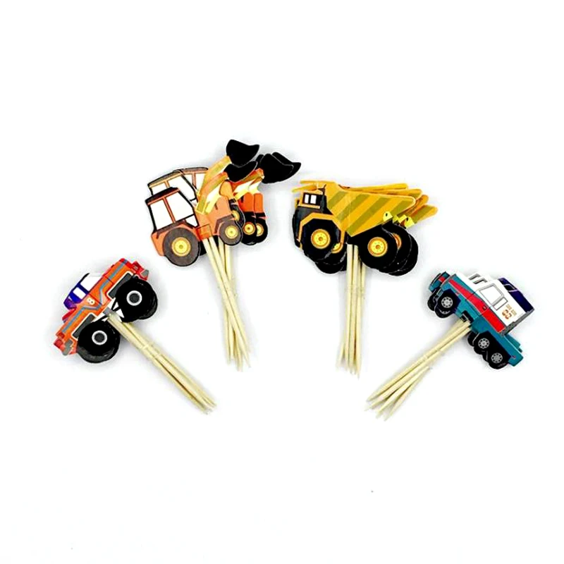 

24pcs/lot Engineering Vehicle Happy Birthday Party Boys Kids Cartoon Cake Picks Decoration Cupcake Toppers Baby Shower Supplies