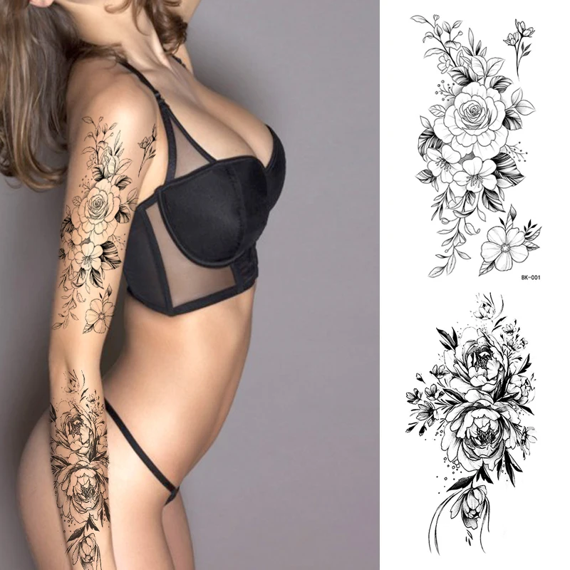 

Waterproof Temporary Tattoo Sticker Black Rose Lotus Beony Fake Tattos Sunflower Flower Transfer Tattoo Arm Body Art