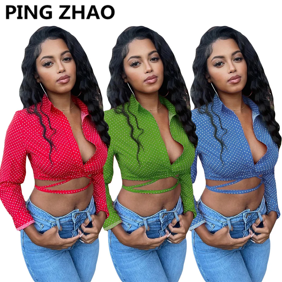 

Пикантные рубашки в горошек PING ZHAO для женщин, модная трендовая короткая блузка, короткий топ с длинным рукавом