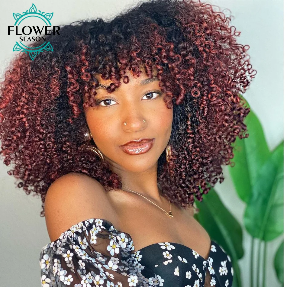 en Ucuz Ombre Renk İnsan Saç Peruk Afro Kinky Kıvırcık Kafa Derisi üst Tam Makine Yapımı Peruk 200 Yoğunluk Hint Remy Saç Kadın FlowerSeason