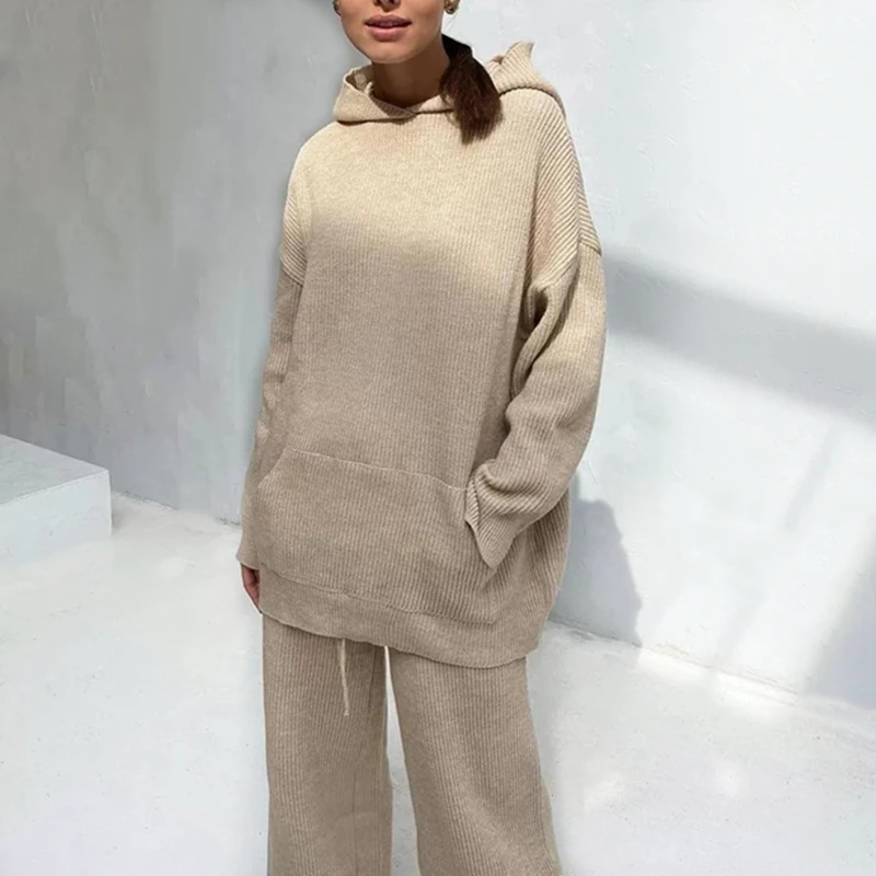 

Knitted Sweater Suits Women Long Sleeve Hoodie And Wide Leg Pants Casual 2 Pieces Set Warm Spring Autumn Tracksuit Sets Mujer