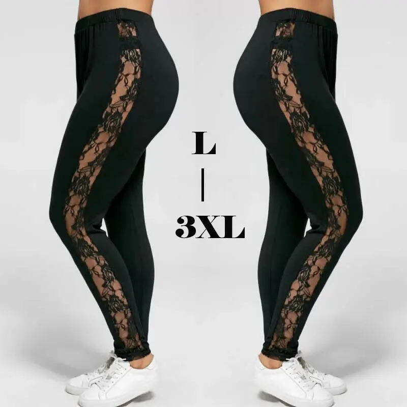

Women's Ladies Floral Lace High Waist Pants Side Panel Cut Out Black Leggings Plus Size Ladies Clothes Patchwork Trousers 2022