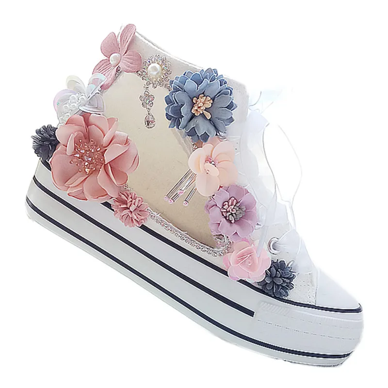

canvas shoes flowers laced with pine cake thick-soled hollowed-out decals with drill sweet fairy shoes
