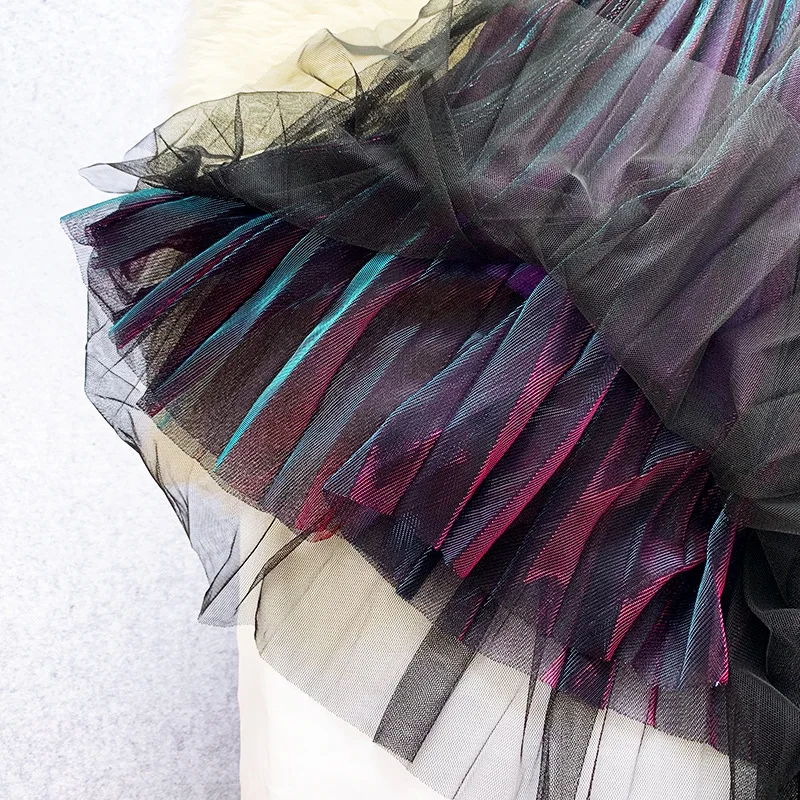 

2019 Spring Summer Tulle Skirts Vintage Contrast Color Women Long Elegant Pleated Skirt Female Party Midi Skirt Femme EGL029
