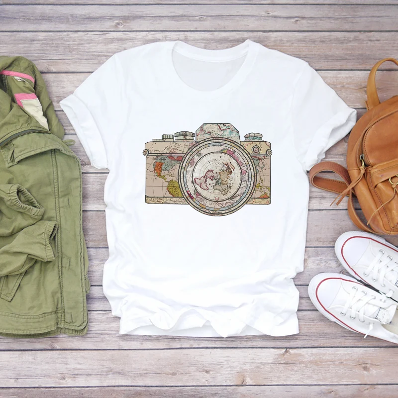 

2021 Women Floral Camera Vintage Style Female Ladies Womens Tee T-Shirt Print Summer Shirt T-shirts Top T Graphic
