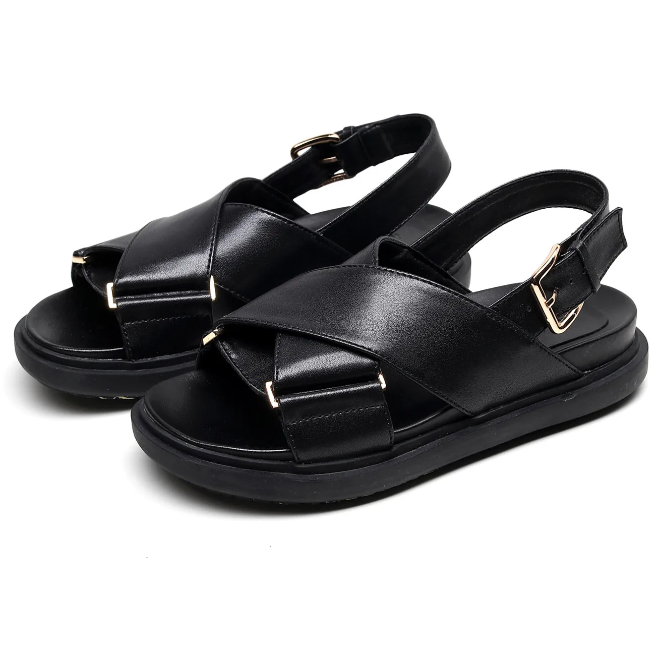

2021 Sandals Women Ladies Genuine Leather Metal Detailed Ankle Buckle Strap Summer Beach Ladies Flat Roman Shoes Handmade