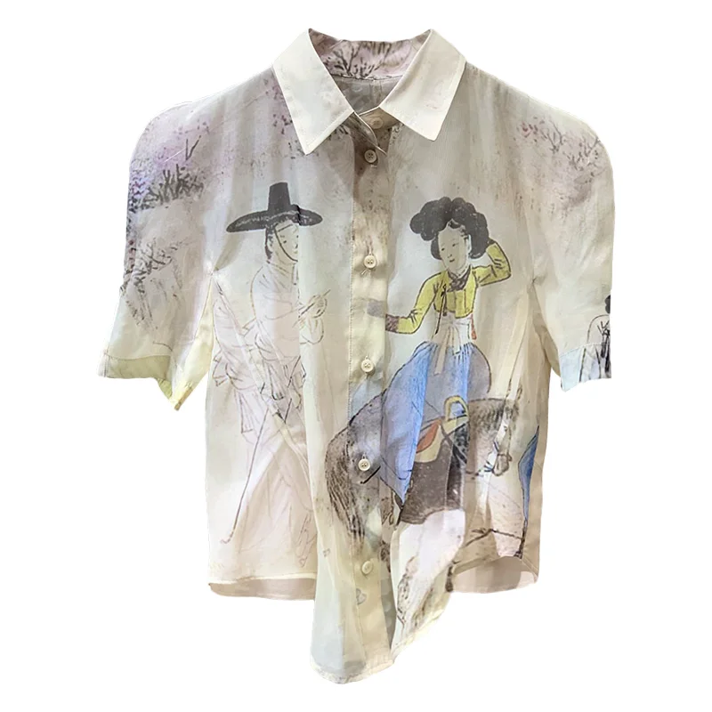 

CHEERART Organza Ancient Painting Asymmetrical Top See Through Summer Crop Top Shirt For Women Short Sleeve Transparent Shirt