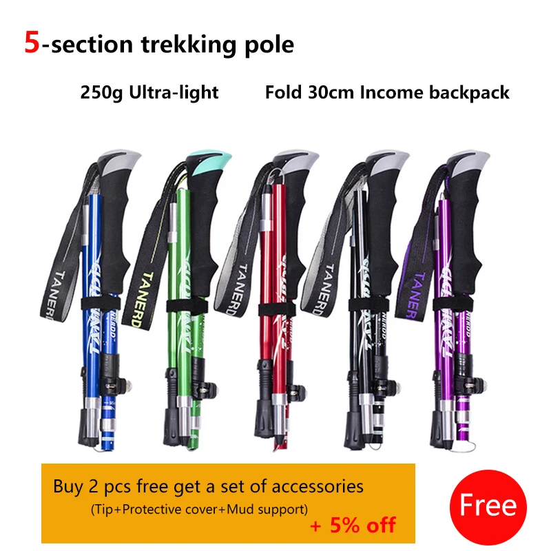 

5-Section Outdoor Fold Trekking Poles Camping Portable Walking Hiking Stick For Nordic Elderly Telescopic Club Easy Put Into Bag