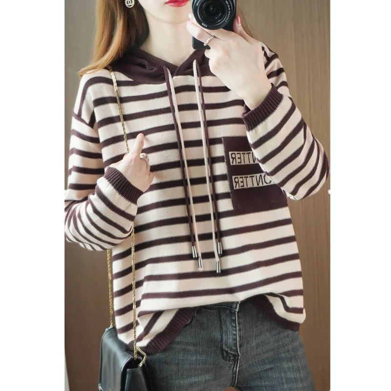 

Autumn Winter Stripe Hooded Sweater Women Pullover Color Contrast Sweater Knitwear Loose Casual Ladies Thicken Top TT0409