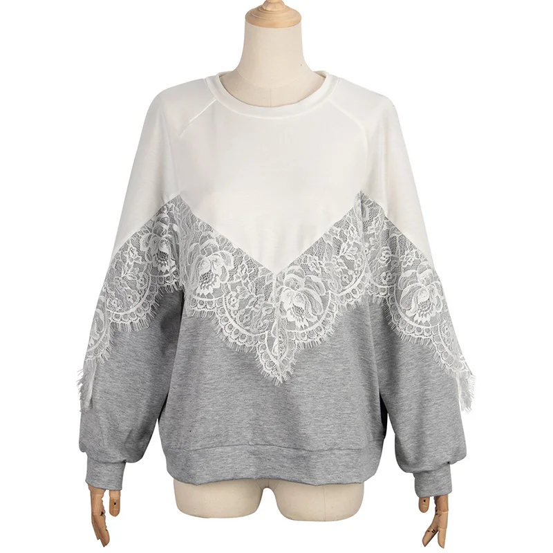 

Casual Women Lace Tshirt Long Sleeve Crewneck T Shirt Tops 2021 Autumn Winter Fashion Loose Patchwork Gray T-shirts For Woman