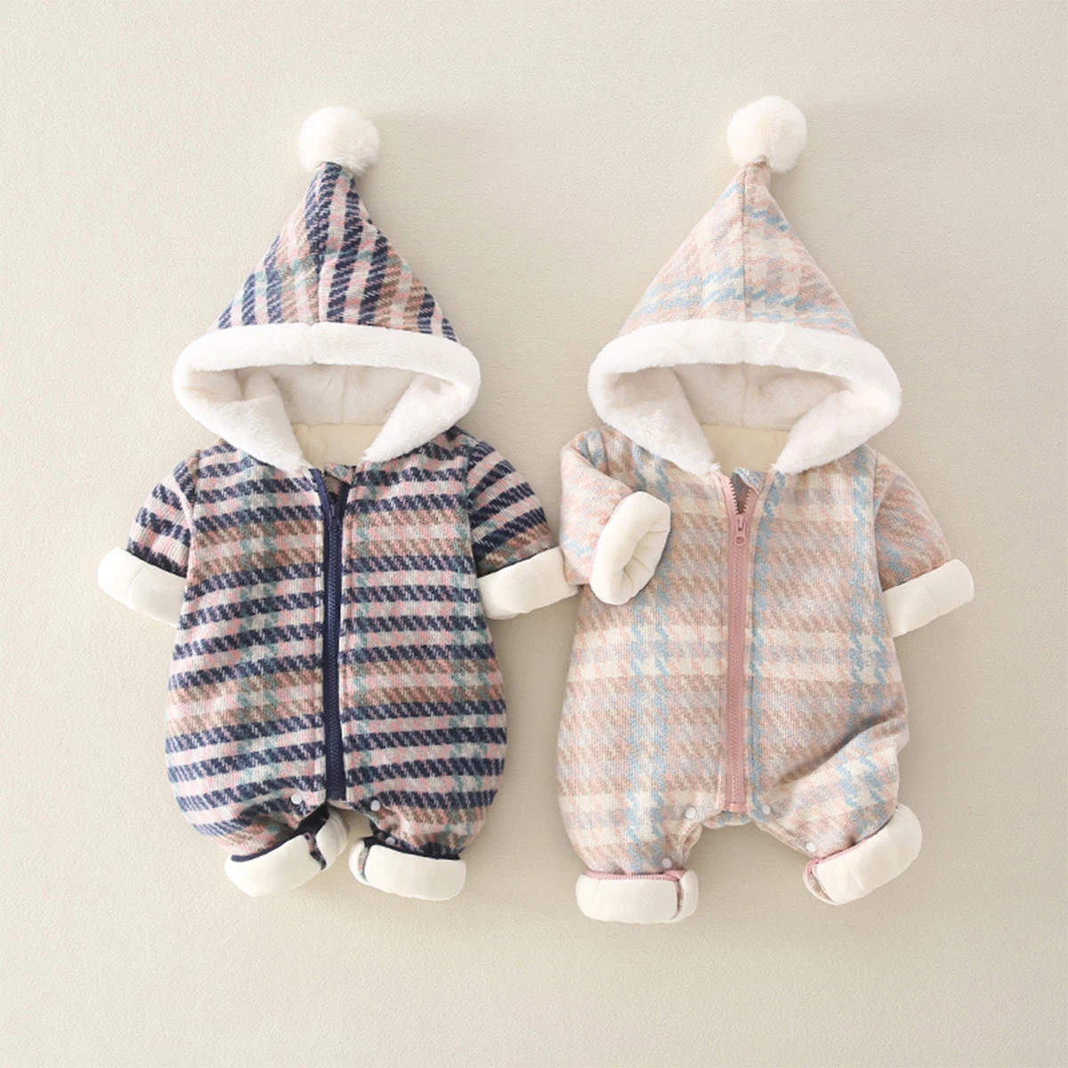 

Newborn Baby Boy Girl Plaid Hooded Romper Autumn Clothing Long Sleeve Zipper Cotton Fashion Jumpsuit