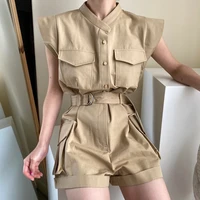 korean chic retro temperament open line design stand up collar single breasted lace up waist flying sleeve tooling overalls