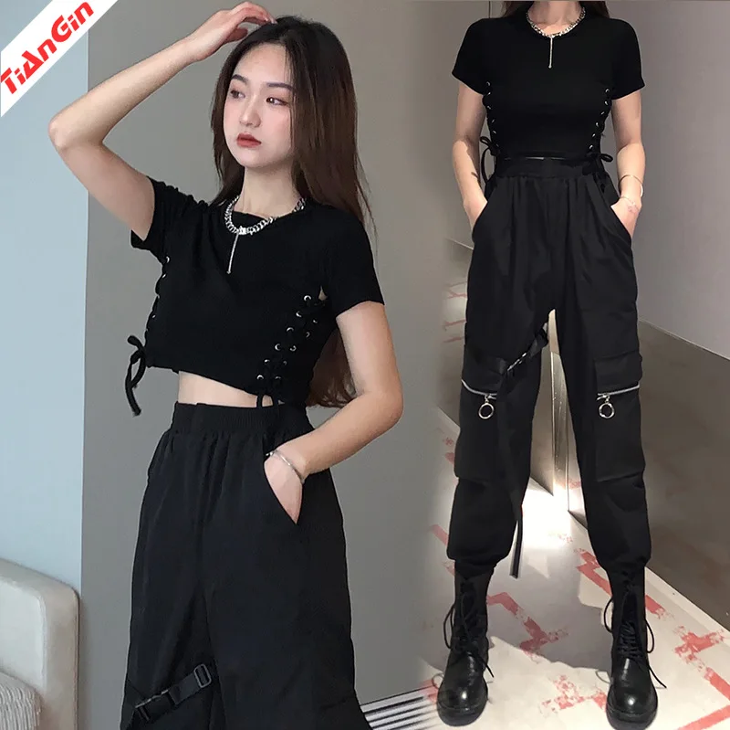 

Summer Street Thin Elastic Waist Dark Black Overalls Hiphop Trousers Female Design Sense Fashionable European And American Style