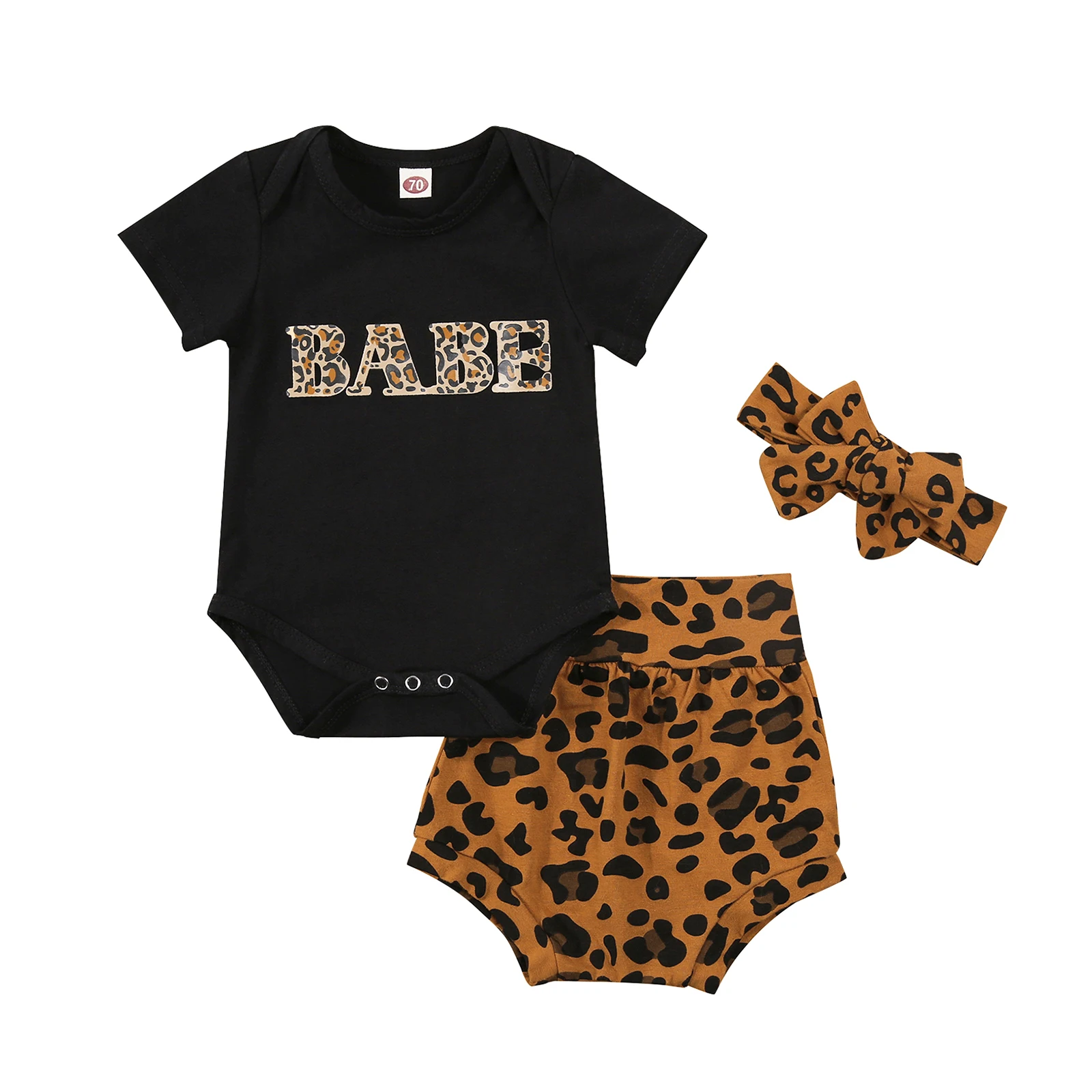 

Baby's Three-Piece Suit, Leopard Print Short Sleeve Round Neck Romper + Shorts + Headwear for Birthday Party
