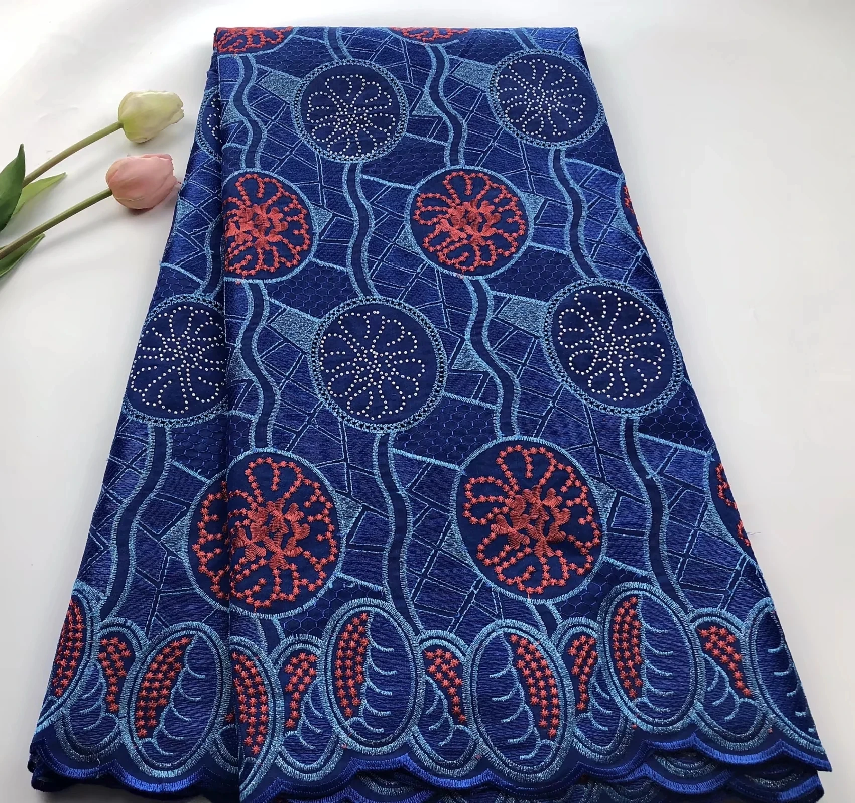 

Blue African Embroidery Lace Cotton Fabric With Stones High Quality French Swiss Voile Lace Material For Wedding Dresses HS 02