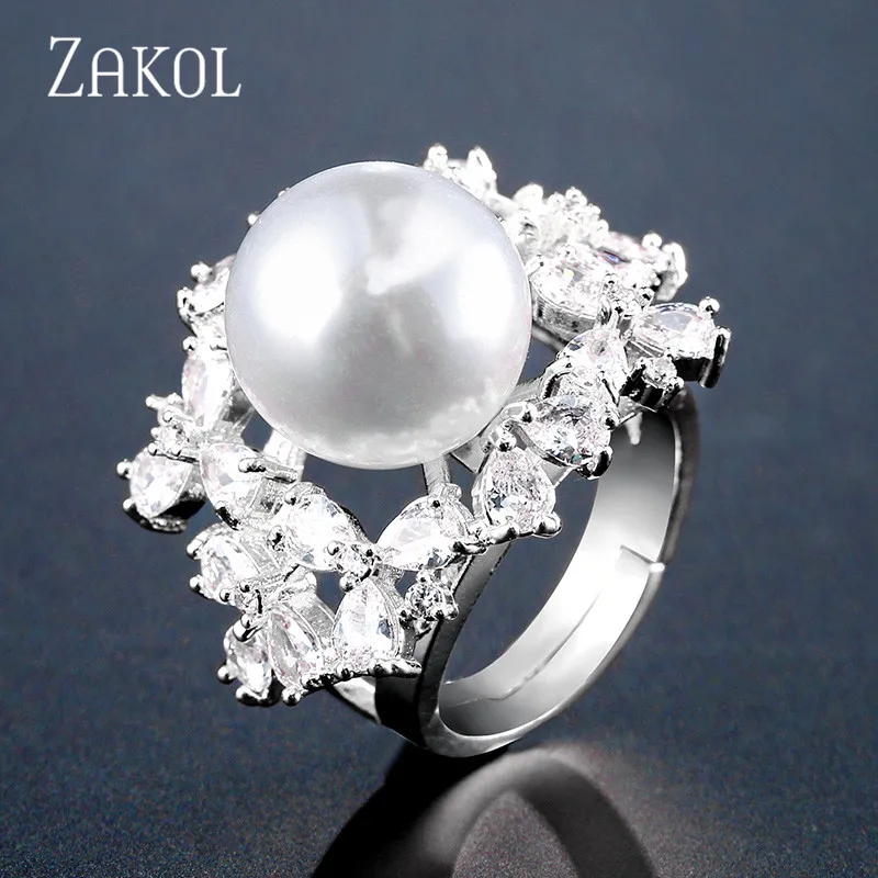 ZAKOL Европейский стиль белые большие жемчужные Открытые Кольца ослепительные