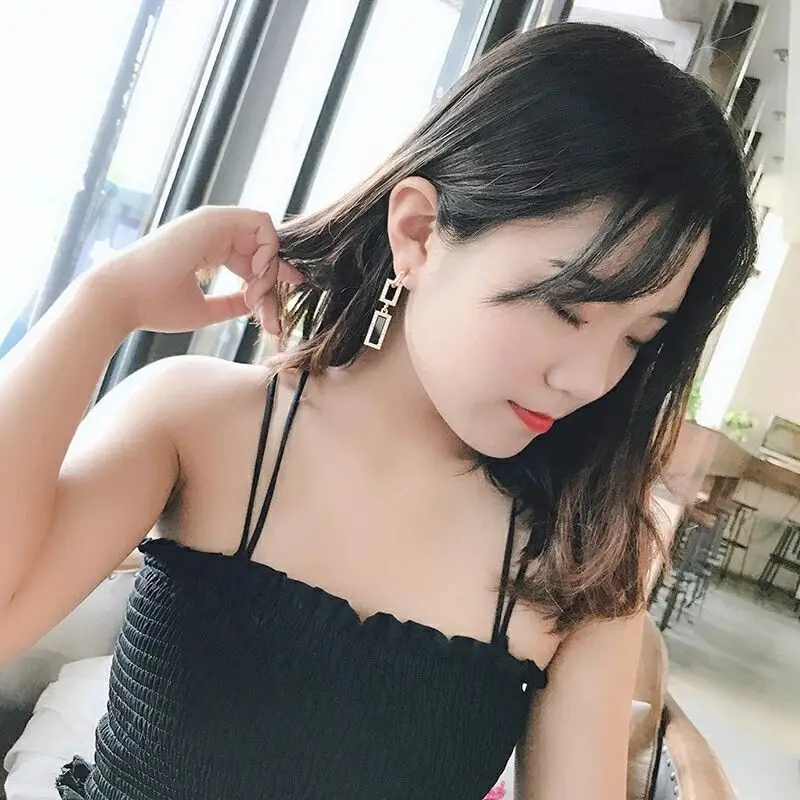 

925 Silver Needle Korean Temperament Long Flash Diamond Earrings Personality Wild Pendant Earrings Rectangle Earrings Black Gold