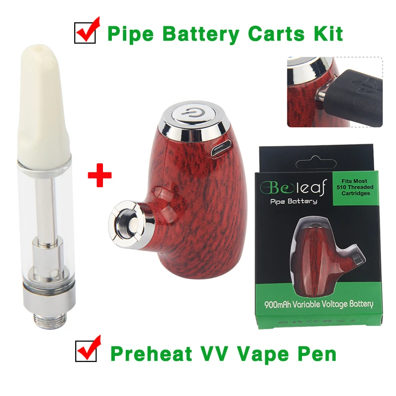 

China E Pipe 510 Vape Mod Wooden e-pipe Electric Smoke 900mAh Variable Voltage E Cigs Preheat VV Vape Ceramic Cart Starter Kit
