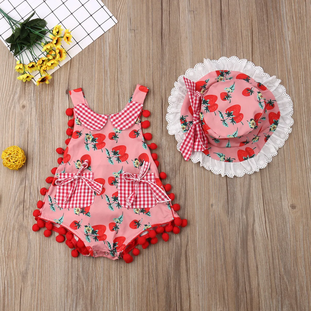 Комбинезон шапка для новорожденных младенцев девочек 0-24 м клубничный костюм