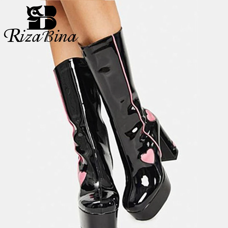 

RIZABINA Women Mid Calf Boots Real Leather High Platform Winter Shoes Women Fashion Short Boots Party Women Footwear Size 34-41
