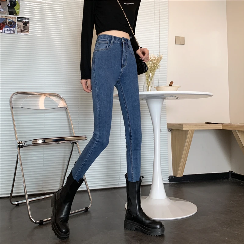 

Женские узкие джинсы, Новинка лета 2021, облегающие универсальные Стрейчевые брюки с высокой талией, прямые брюки-карандаш в Корейском стиле
