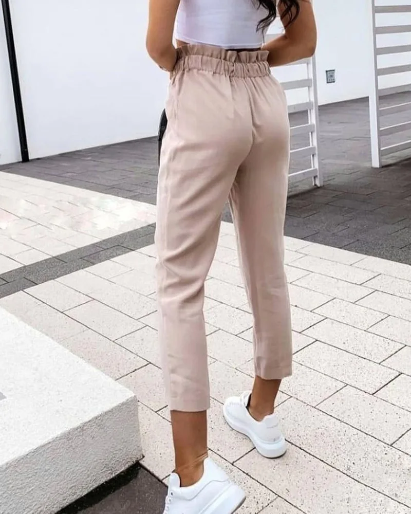 

Women's 2021 new fashion apricot high waist ruffled casual pants temperament commuter office ladies trousers