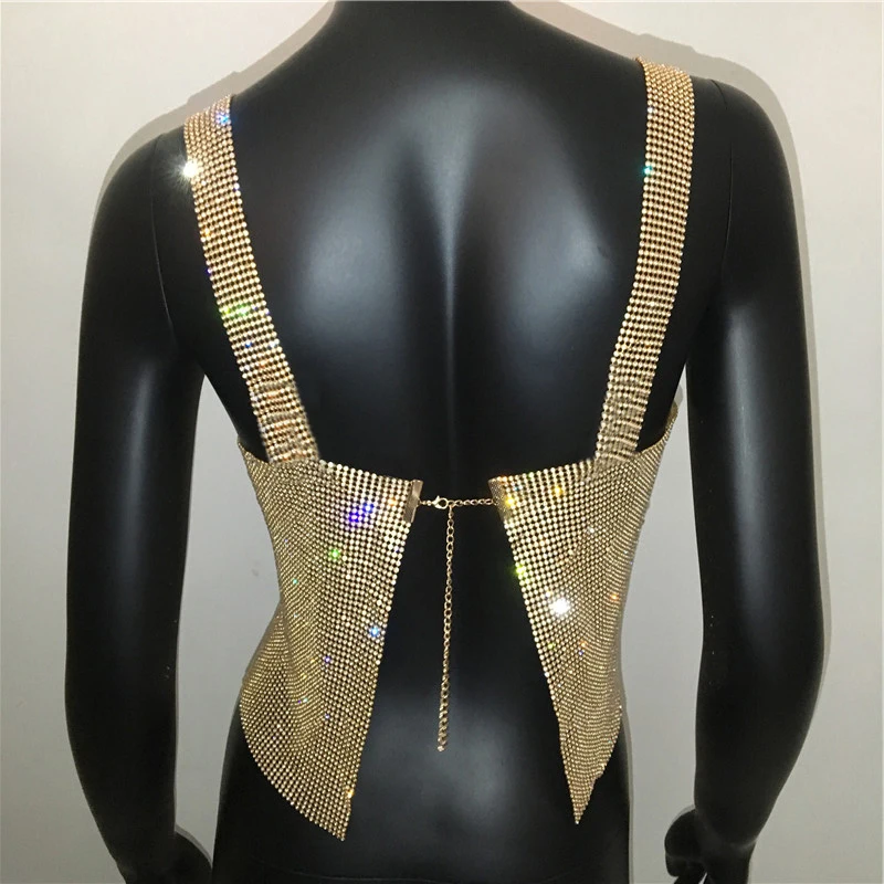 

Glitter Rhinestone Low Cut Backless Split Patchwork Tank Top Sleeveless Slim Sexy Ladies Tops Summer Women Vest Night Clubwear