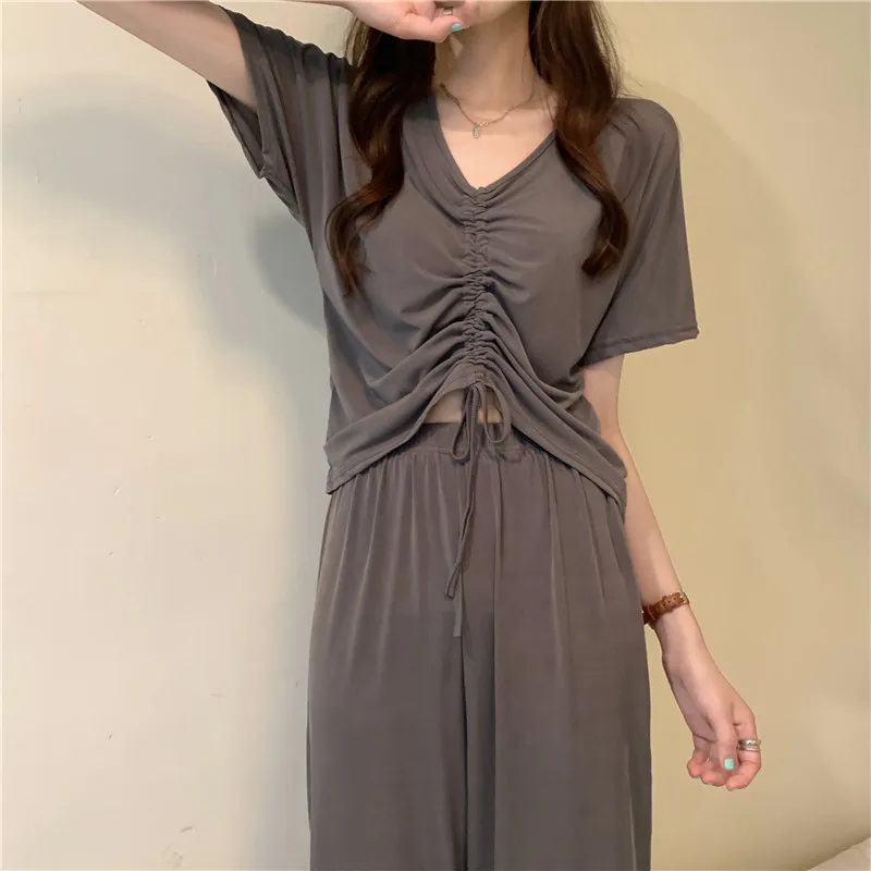 

Harajpee Women Pajamas 2021 Summer Korean Simple Sweet V-Neck Solid Color Shirring Comfortable Short-Sleeved Home Wear Suits