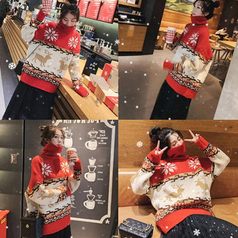 

Christmas Women Sweaters Turtleneck Mohair Pullover Sweater Loose Knit Sweater Plus Size Women Clothing