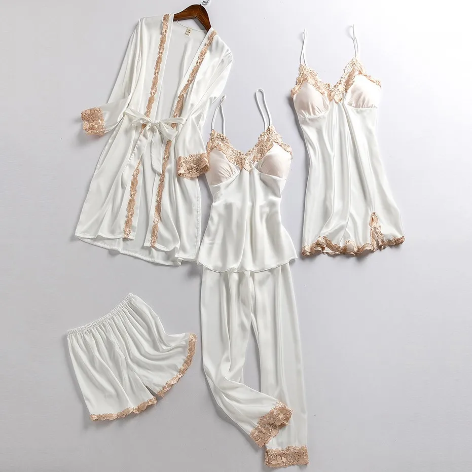 

Пикантная Женская одежда для сна, комплект из 5 предметов, белое шелковое атласное кимоно, халат, ночная рубашка, костюм, свободная кружевная...