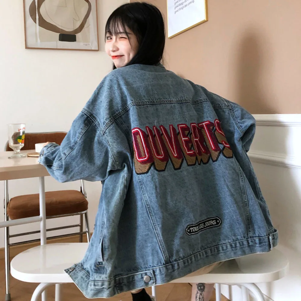 

Женская джинсовая куртка с буквенным принтом, синяя свободная винтажная куртка из денима, верхняя одежда большого размера, 2021