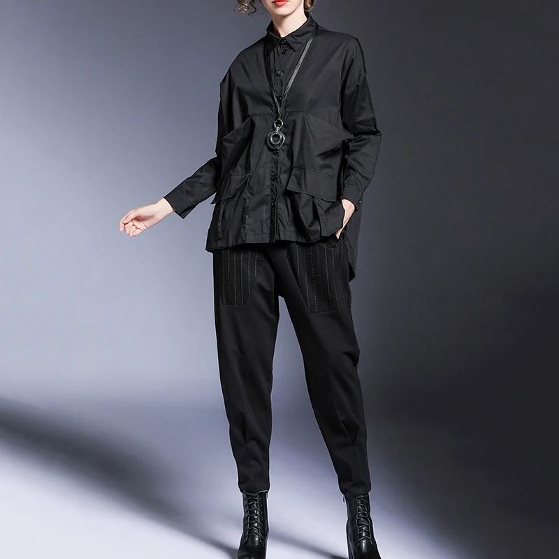 [EAM] Женская Асимметричная блузка оверсайз с карманами новая свободная рубашка