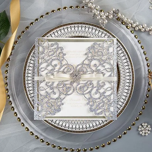 Великолепная блестящая кружевная лазерная резка свадебные приглашения