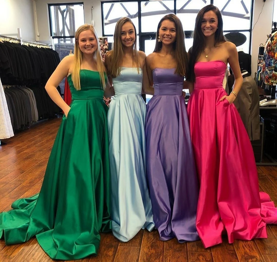 

Elegant Strapless Long Satin Red Evening Dresses with Pockets Floor Length Criss Cross Back Green Formal Party Dress for Women