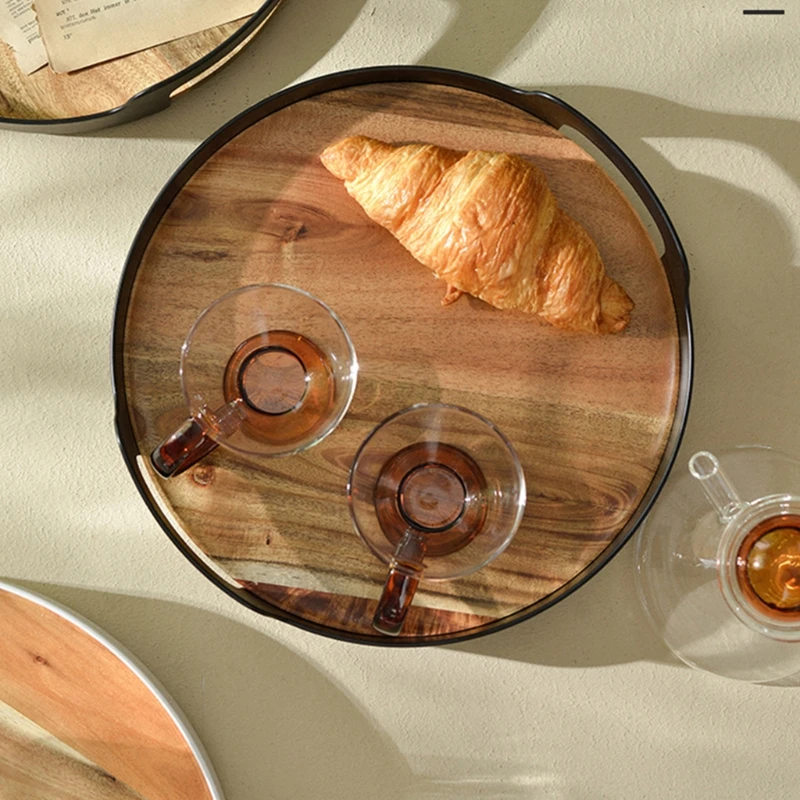 2 в 1 Круглый съемный деревянный поднос с пластиковыми ручками |