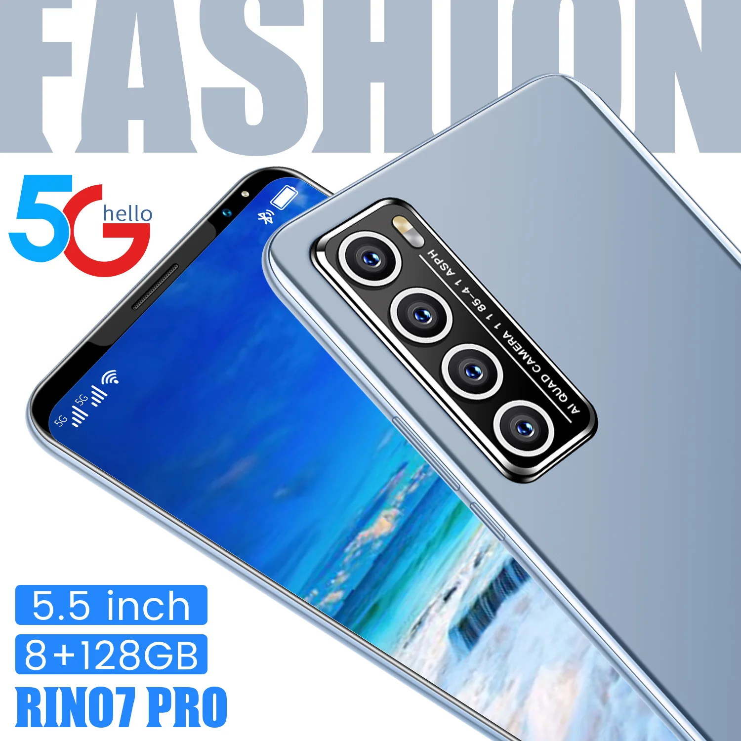 

Global Version Rino7Pro 5.5 Inch Fingerprint ID 24+48MP 8+128GB Cellphones Dual SIM+Micro SD 4800mAh Smartphones MTK6595 Orange