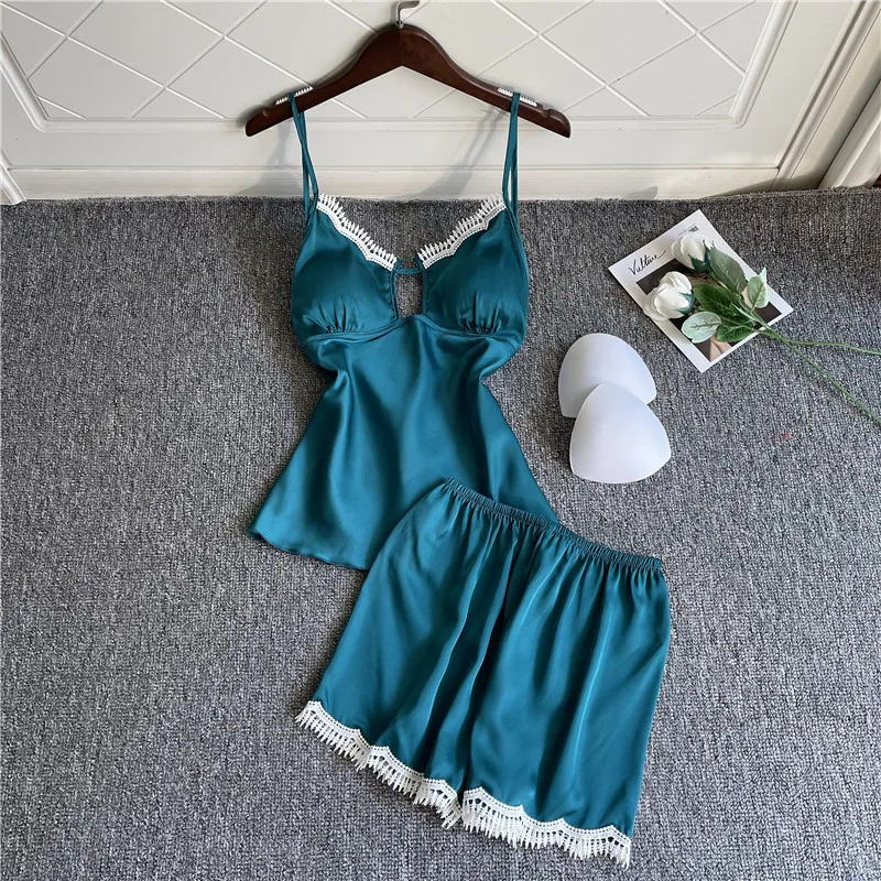

Spring Summer Satin Pajamas For Women Lace Sleepwear Sexy Pyjamas Silk Sling Shorts High Quality Sleeveless Pijama Nightwear